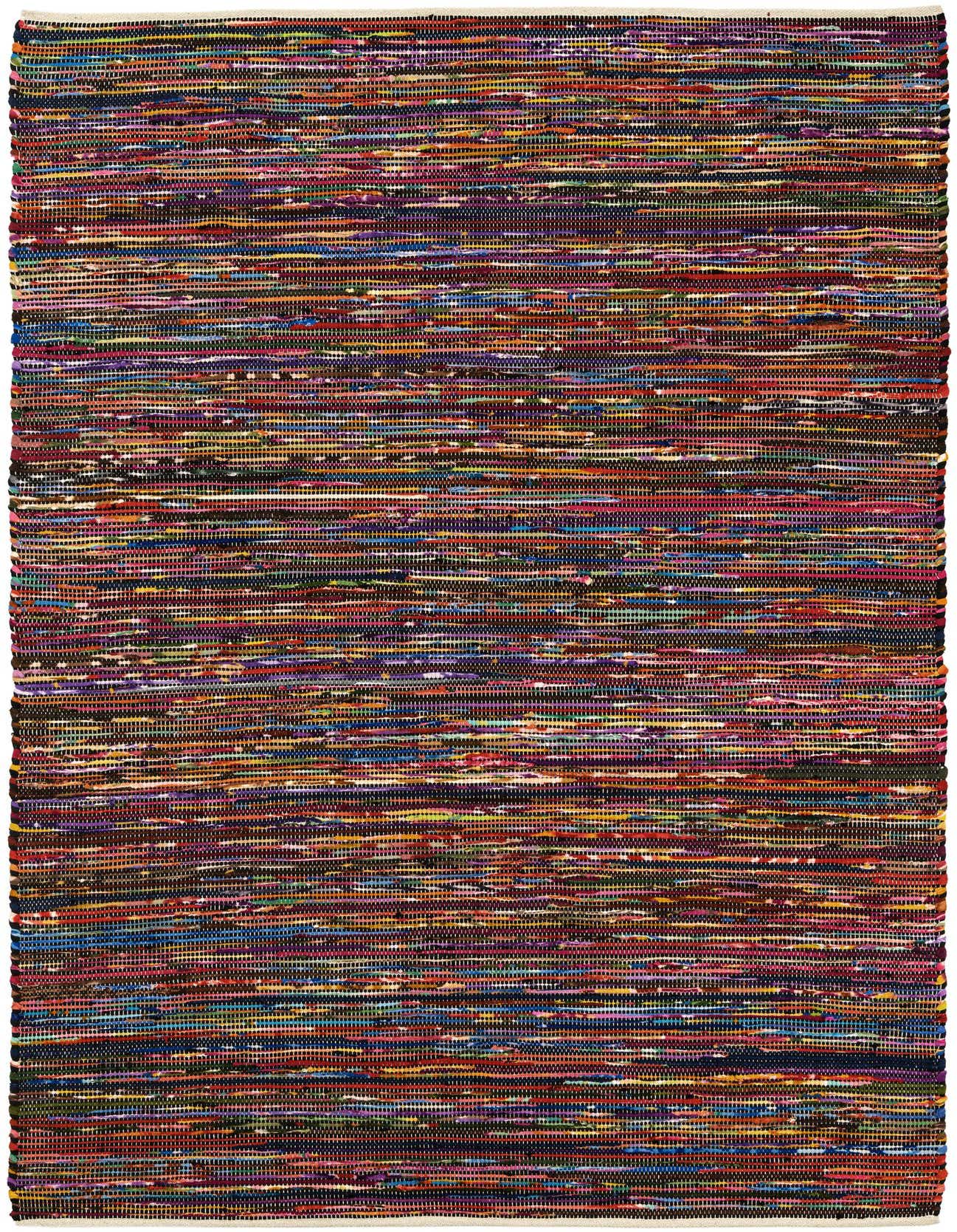 A 5x8 rectangular Chindi Cotton rug featuring a vibrant multi-colored stripe pattern with dominant black tones, ideal for a living room.