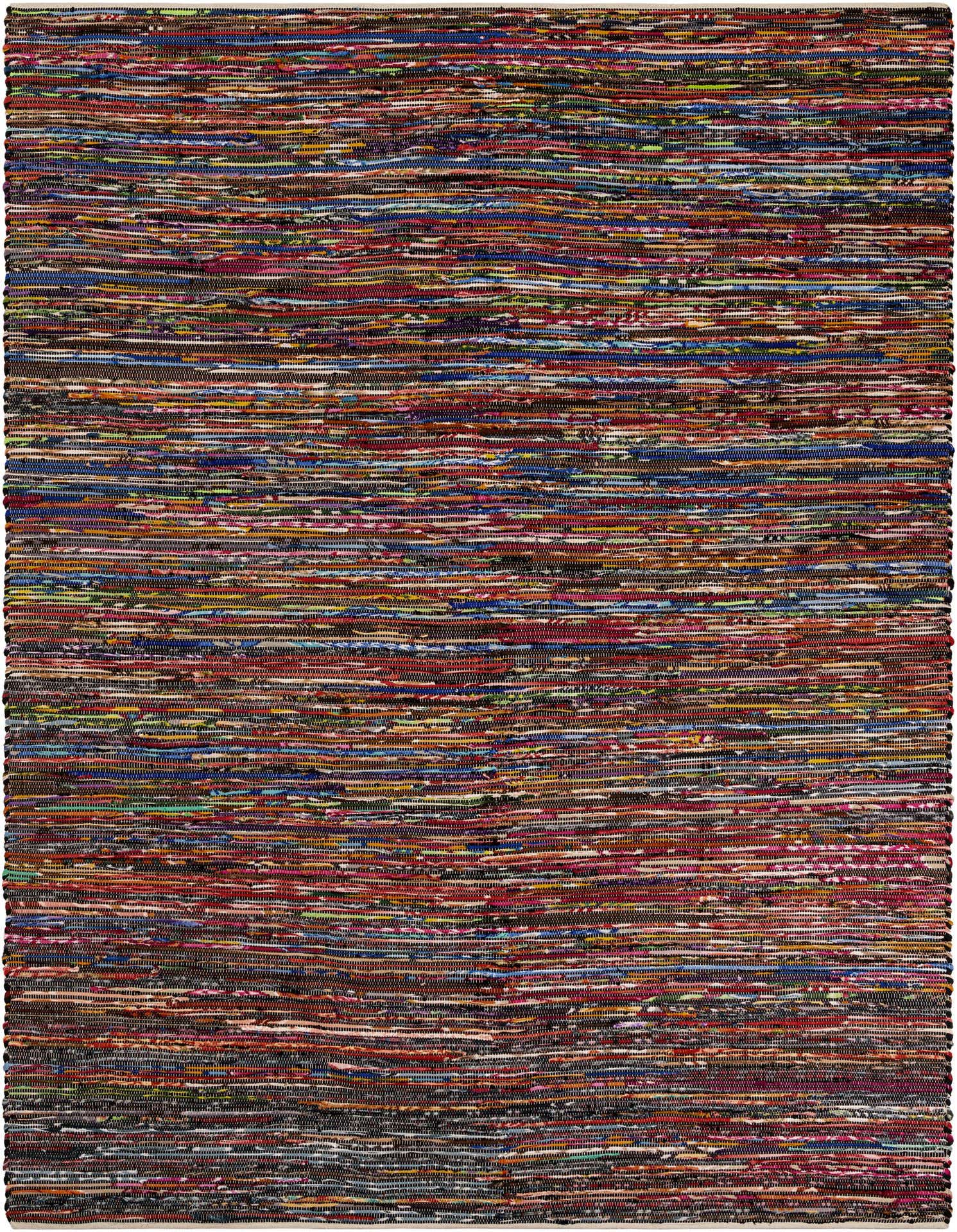 A 9x12 rectangular Chindi Cotton rug featuring a multi-colored striped pattern with prominent black, red, and blue threads.
