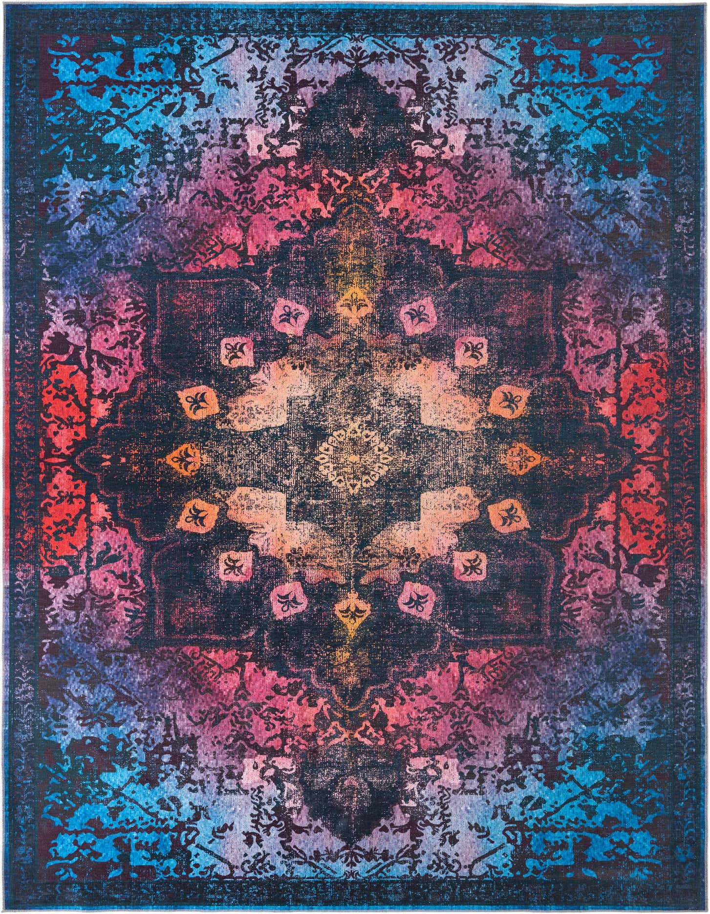 A 10x14 rectangular Rugs.com Francesca rug featuring a multi-colored traditional medallion pattern with black, blue, pink, and orange hues.