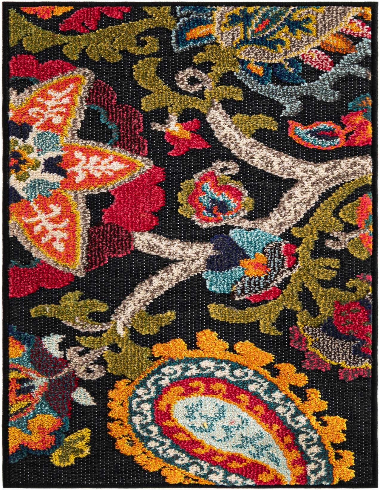 A 2x3 rectangular Rugs.com Outdoor Casablanca rug featuring a black background with a vibrant multi-colored modern floral and paisley pattern.
