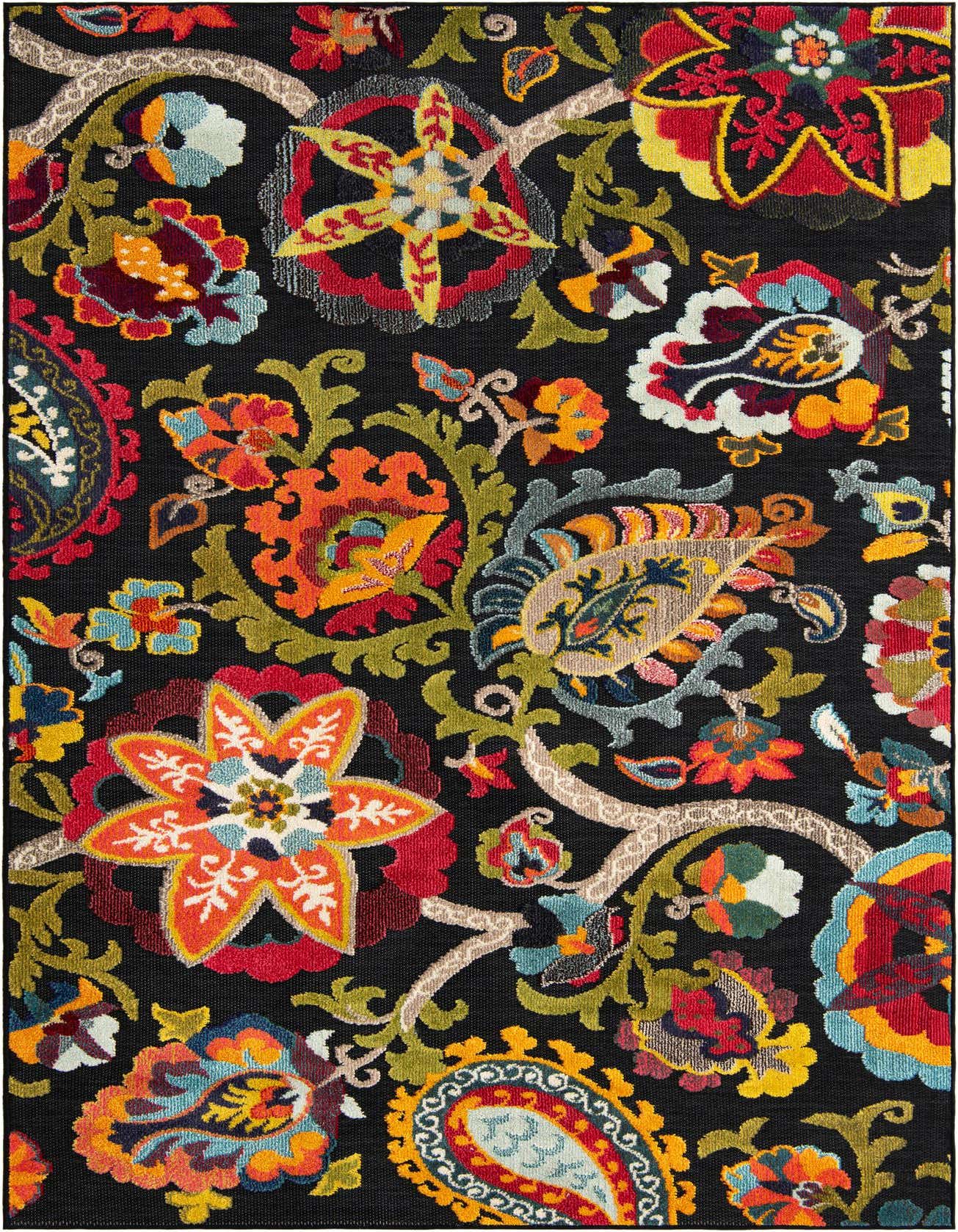 A 6x9 rectangular black rug with a vibrant multi-colored modern floral and paisley pattern, suitable for indoor or outdoor use.