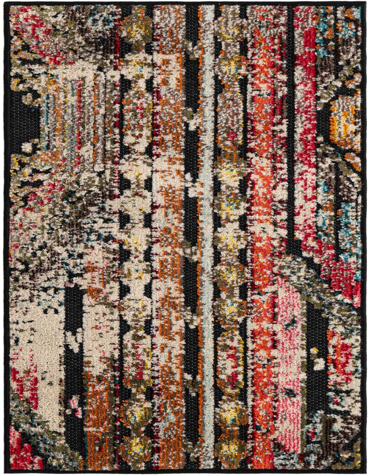 A 2x3 rectangular Rugs.com Outdoor Casablanca rug featuring a modern, abstract striped pattern in multi-colored hues and black.