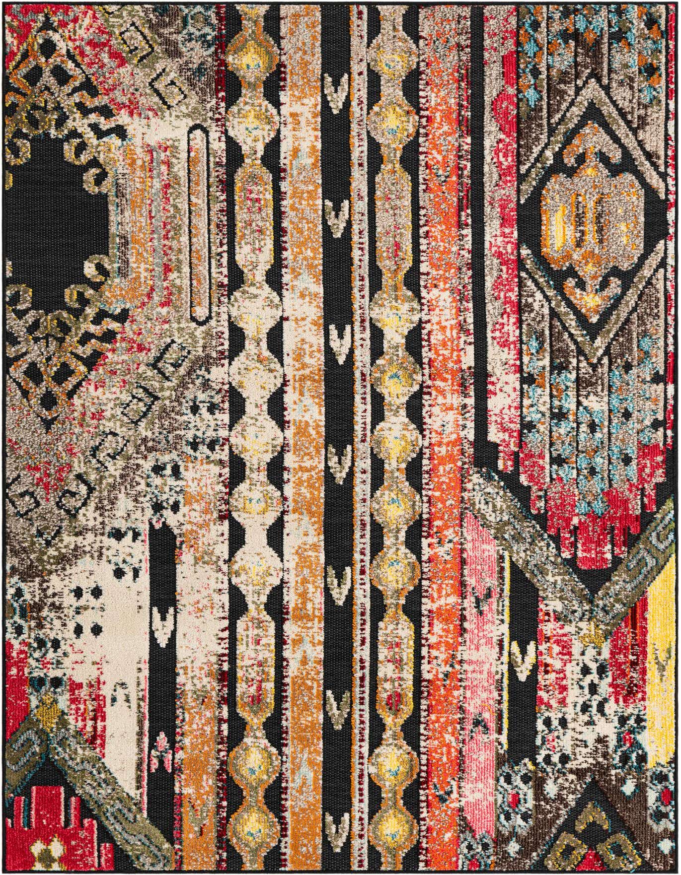 A 5x7 rectangular modern rug with a multi-colored abstract pattern on a black background, suitable for indoor/outdoor use.