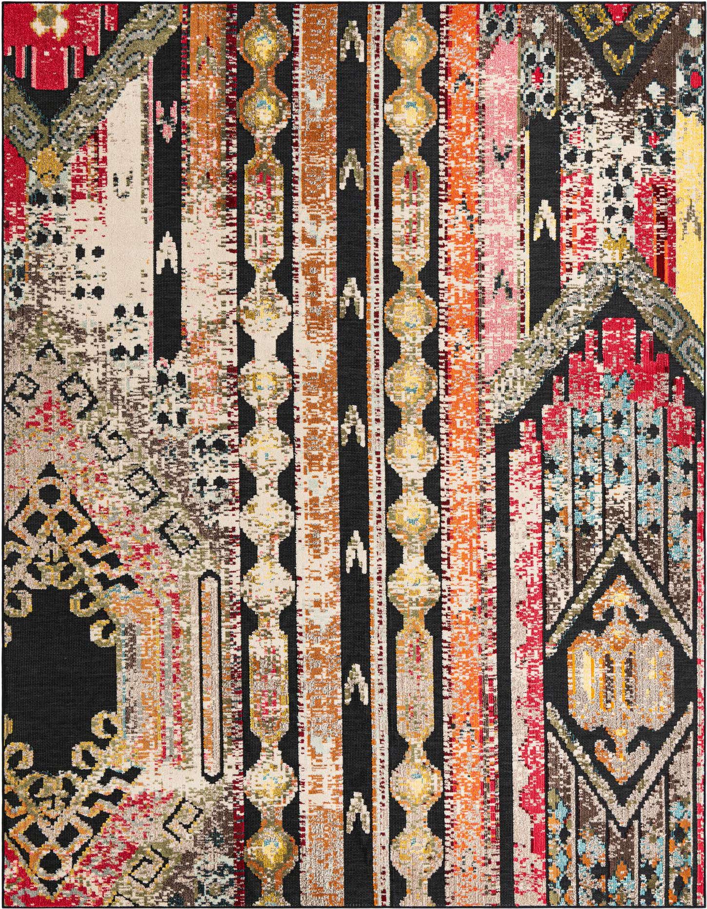 A 9x12 rectangular modern area rug featuring a multi-colored abstract pattern with prominent black, red, orange, and yellow hues, suitable for indoor or outdoor use.