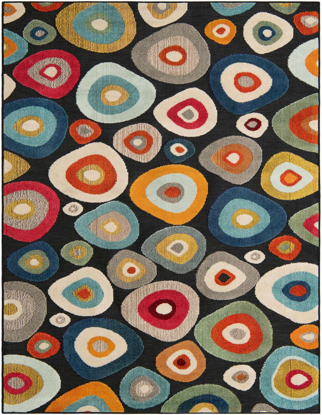 A 6x9 rectangular black rug with a modern multi-colored abstract pebble pattern, suitable for indoor or outdoor spaces.