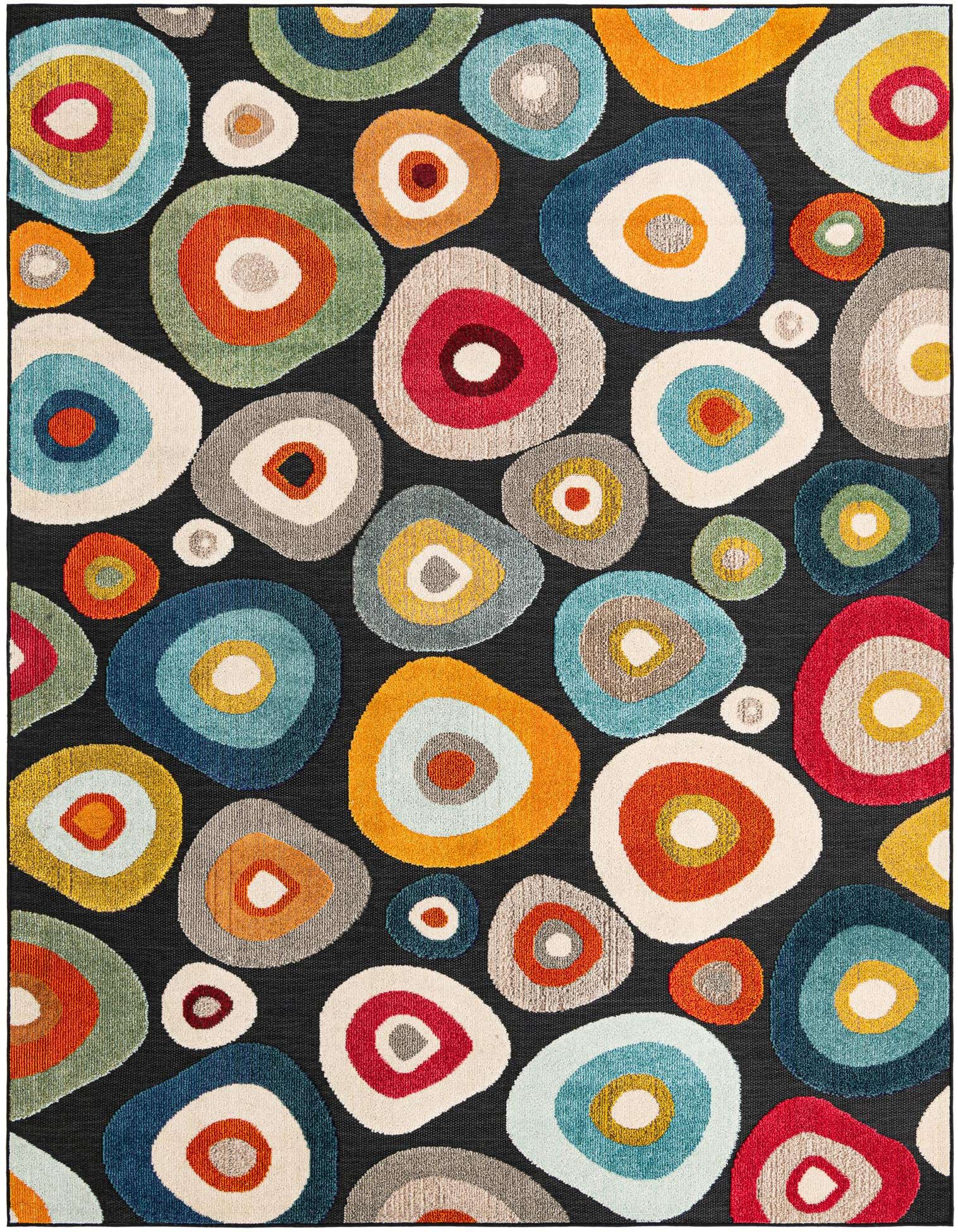A vibrant 8x10 rectangular rug featuring a modern multi-colored abstract pebble pattern on a black background, suitable for indoor or outdoor use.