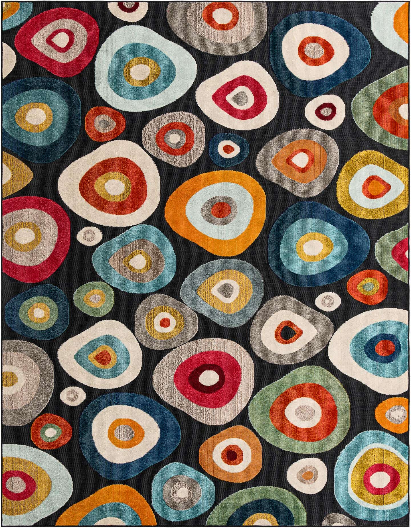 A 9x12 rectangular black rug with a modern multi-colored abstract pebble pattern, suitable for indoor or outdoor spaces.