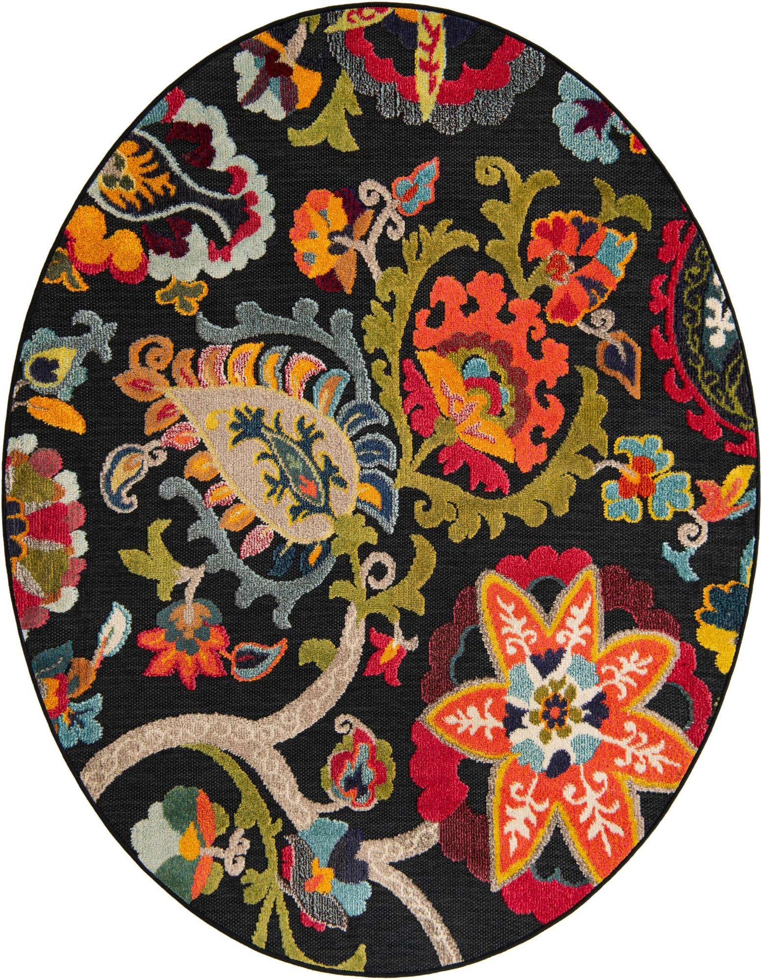 A 6' 0 x 6' 0 round black rug with a vibrant, multi-colored modern floral and paisley pattern, suitable for indoor/outdoor use.