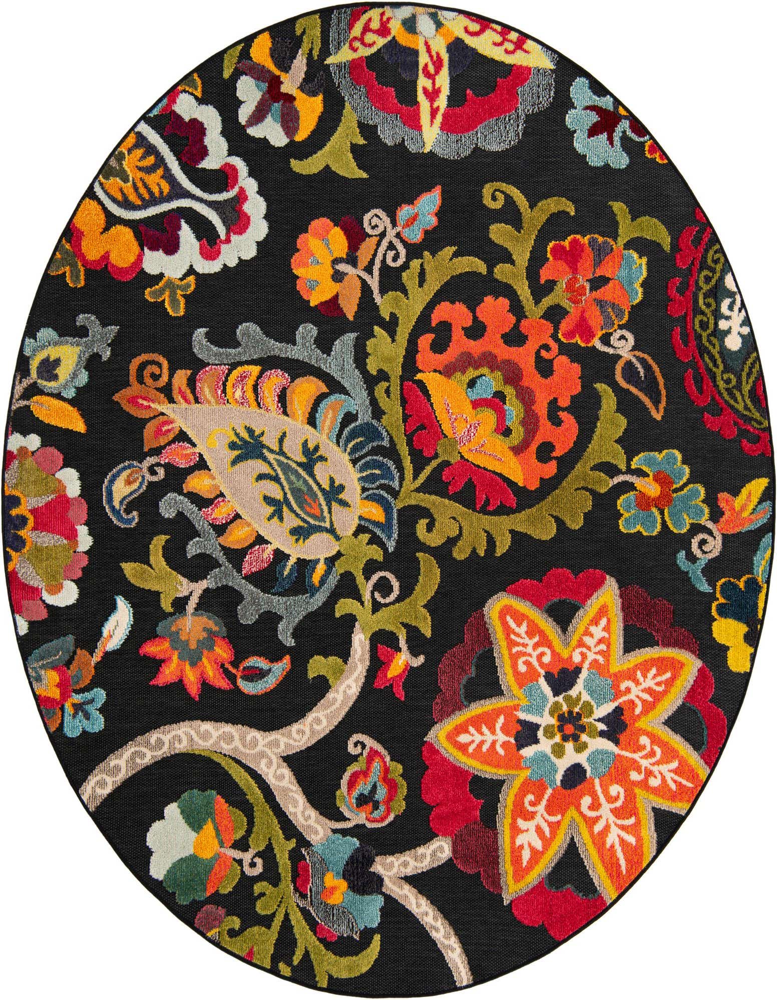 A round black rug featuring a vibrant, multi-colored modern floral and paisley pattern, suitable for indoor or outdoor use.