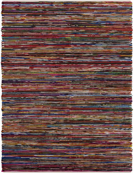 A 10 ft multi-colored Chindi Cotton runner rug with a striped, eclectic pattern, ideal for hallways.