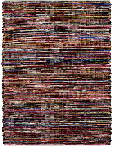 A 12 ft Chindi Cotton runner rug featuring a vibrant multi-colored stripe pattern with black accents, ideal for hallways.