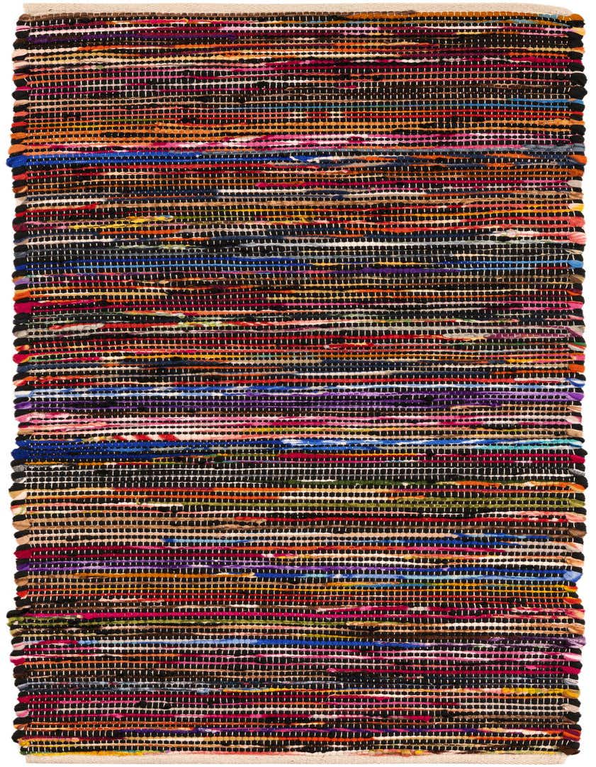 A 5 ft runner rug, handmade from multi-colored recycled cotton strips with black accents, creating a vibrant, textured stripe pattern.