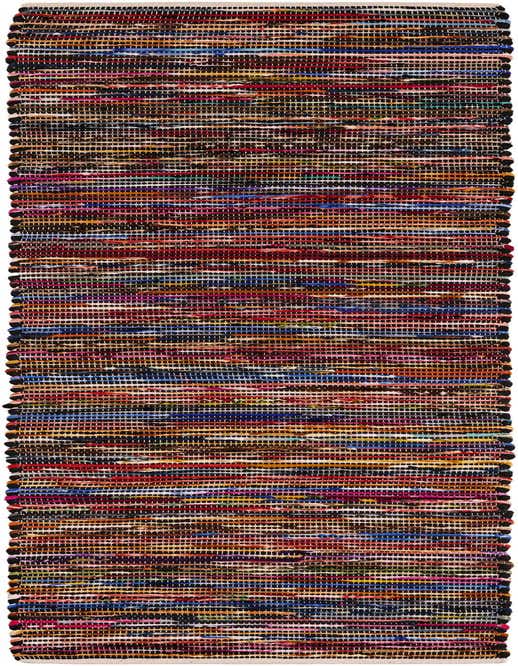 A black multi-colored Chindi Cotton 8 ft runner rug with an eclectic stripe pattern, suitable for a hallway or kitchen.