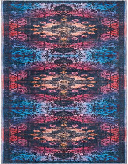 A 12 ft black runner rug with a multi-colored traditional medallion pattern in vibrant pink, blue, and orange, ideal for a hallway.