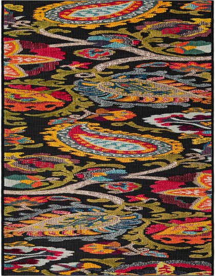 A 12 ft runner rug featuring a vibrant, multi-colored modern paisley pattern on a black background, suitable for a hallway or patio.