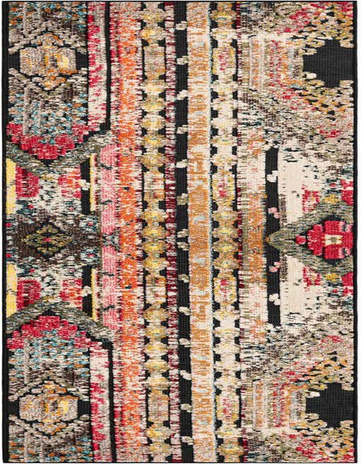 A 10 ft runner rug featuring a modern, multi-colored abstract pattern with vertical stripes and geometric shapes on a black background, suitable for a hallway or patio.