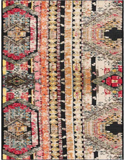 A 12 ft runner rug with a modern, multi-colored abstract pattern featuring black, red, orange, yellow, and blue hues.