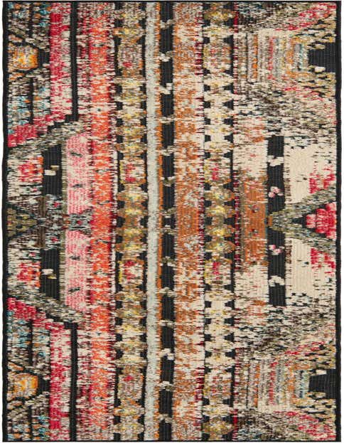 A multi-colored modern runner rug with abstract black, red, orange, and cream stripes, ideal for a hallway or patio.
