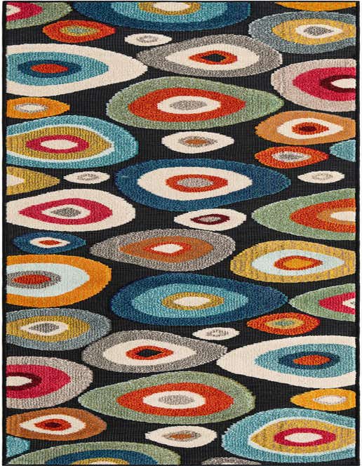 A 10 ft runner rug featuring a modern, multi-colored abstract pattern of concentric circles on a black background, suitable for a hallway or patio.
