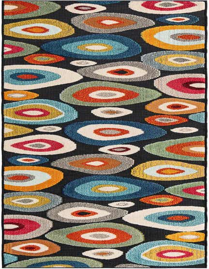 A 12 ft runner rug with a modern pattern of multi-colored concentric circles on a black background, suitable for a hallway or patio.