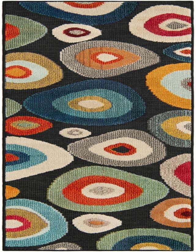 A black runner rug with a modern, multi-colored abstract circle pattern in blues, oranges, reds, and greens.