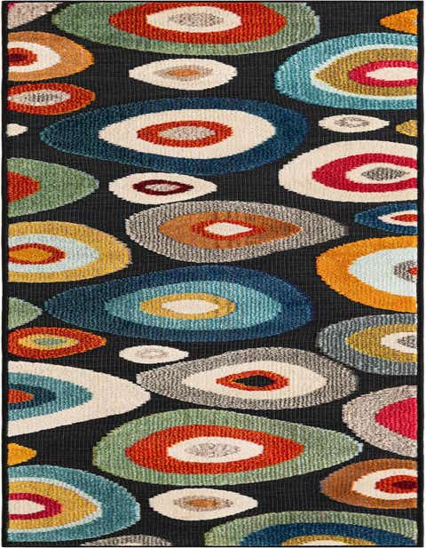 A black 8 ft runner rug with a modern pattern of large, multi-colored concentric circles in blues, oranges, greens, and reds, suitable for a hallway or patio.
