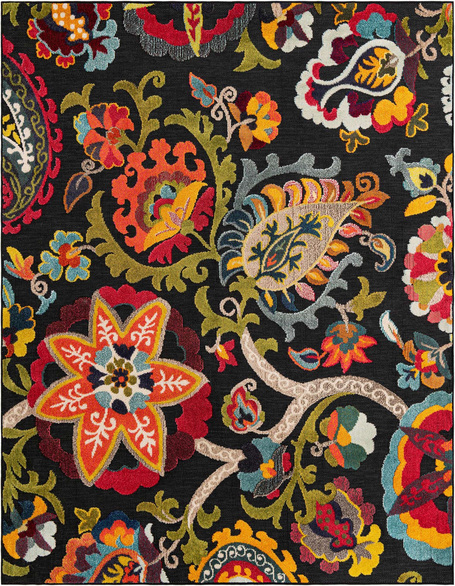 A vibrant 7' 10 x 7' 10 square rug featuring a multi-colored modern floral and paisley pattern on a black background, suitable for indoor or outdoor use.