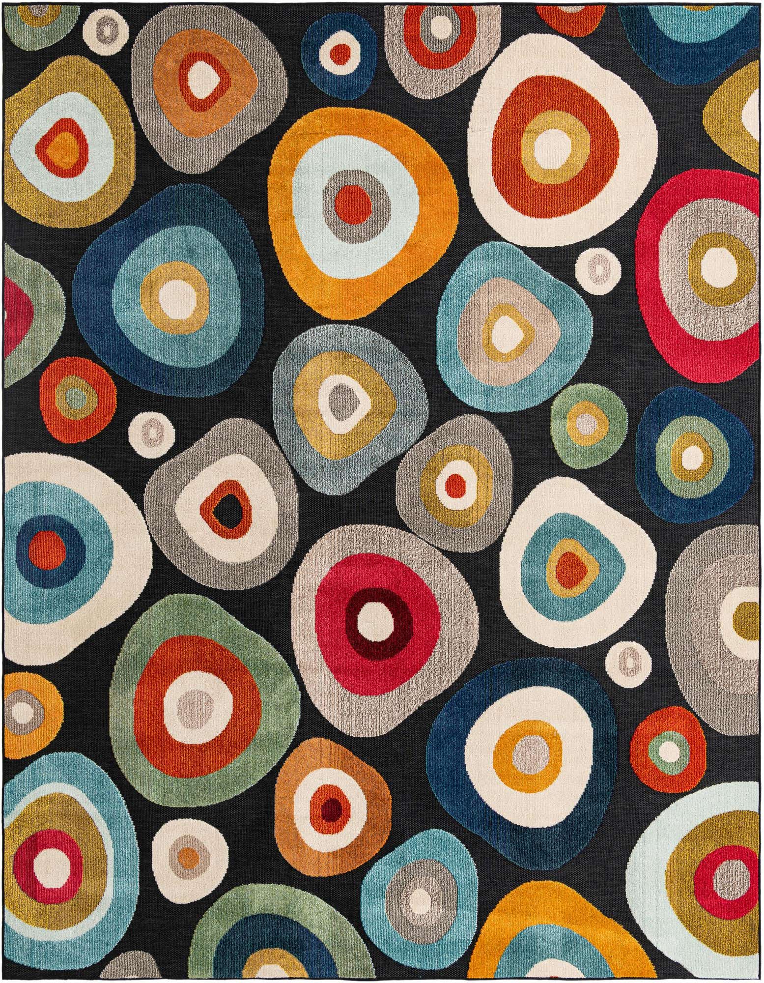 A 10'x10' square black modern rug with an abstract multi-colored pebble pattern, ideal for a patio.