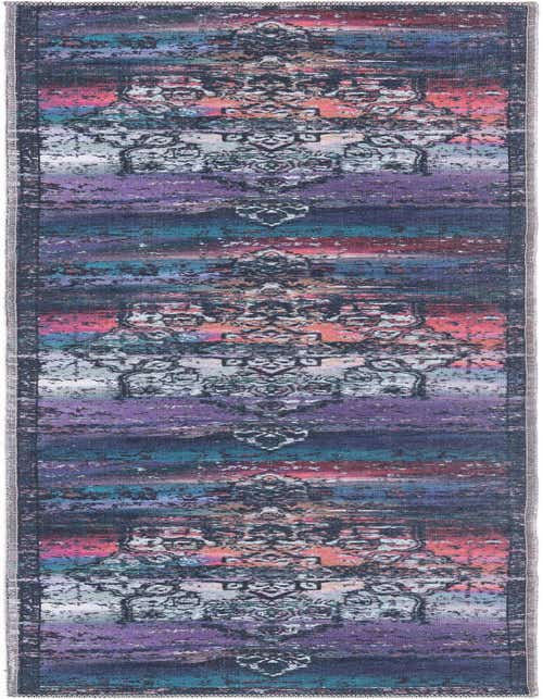 A vibrant 8 ft runner rug from the Francesca collection, featuring a multi-blue and purple vintage medallion pattern with distressed details, ideal for a hallway.
