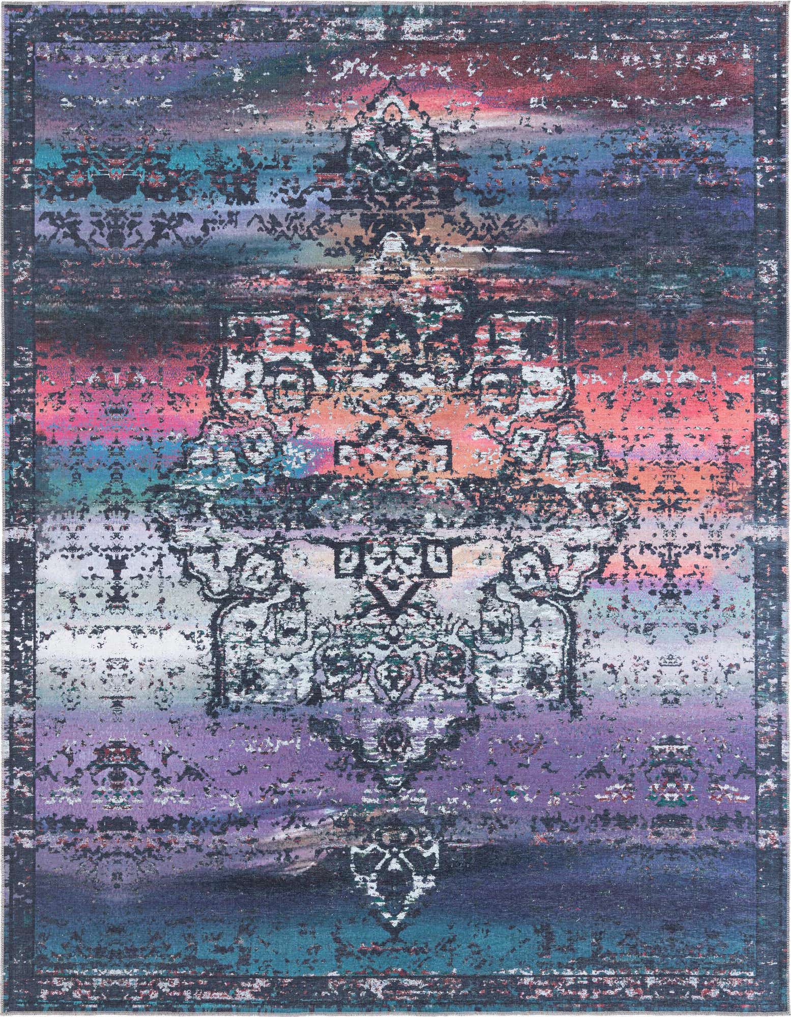 A 10' 6 x 10' 6 square Francesca rug featuring a distressed traditional medallion pattern in vibrant multi blue, pink, orange, and purple hues.