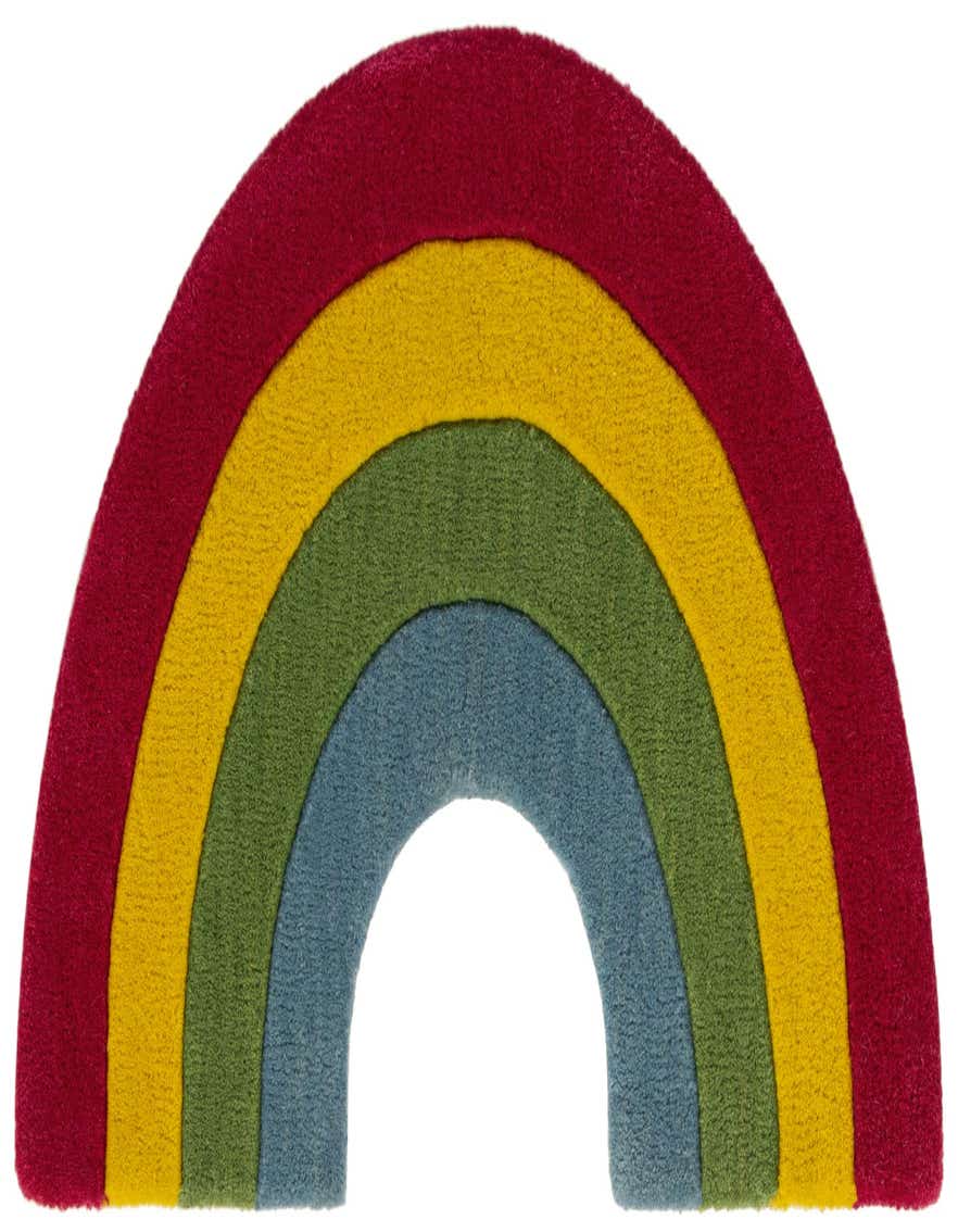 A vibrant rainbow-shaped rug with bands of red, yellow, green, and blue, featuring a high, textured wool pile.