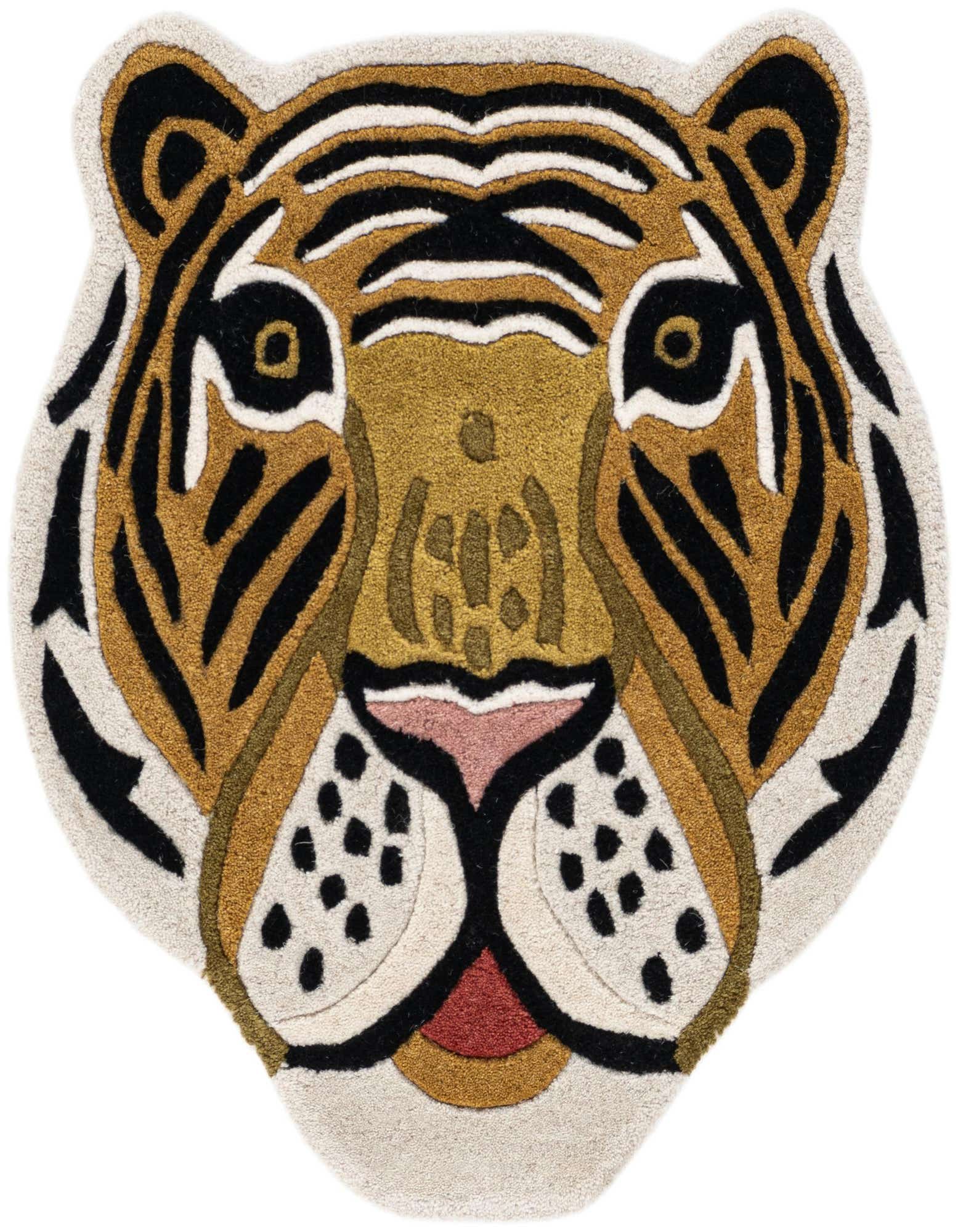 A close-up of a multi-colored, freeform tiger face rug with black stripes, golden fur, and a pink nose, made of wool and cotton.