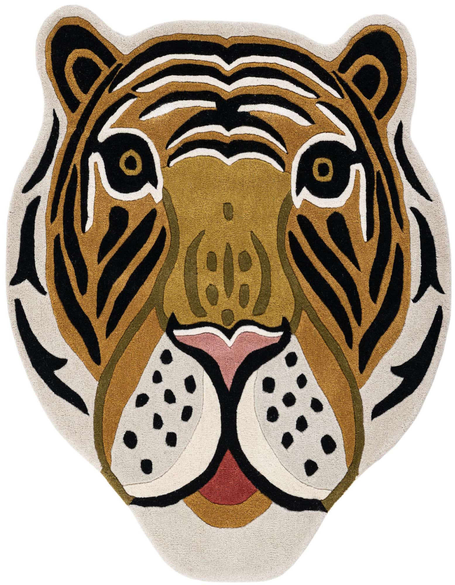 A playful, multi-colored tiger face rug with black stripes, golden fur, and white accents, perfect for a child's room.