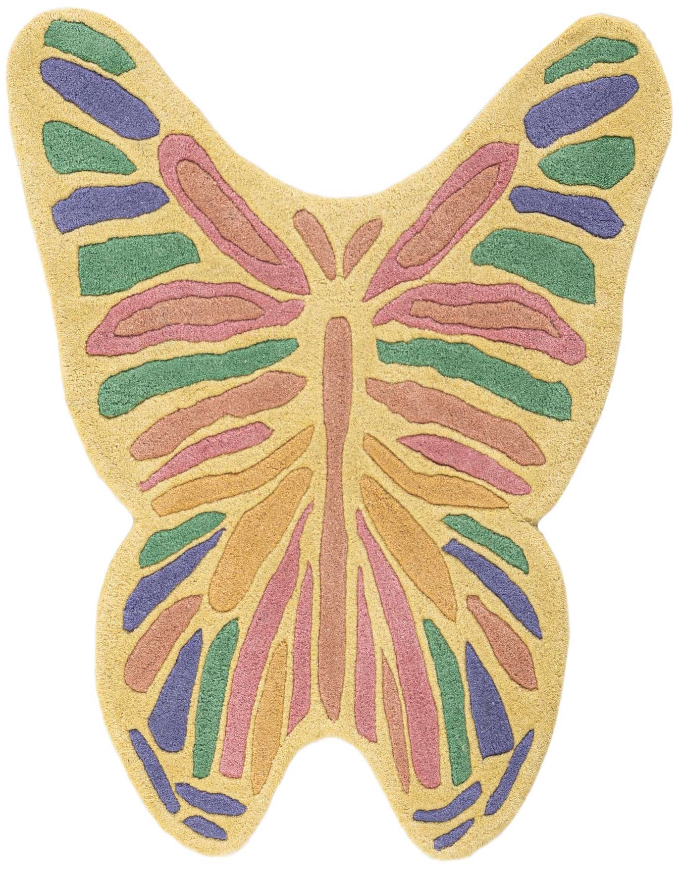 A colorful butterfly-shaped rug with a yellow background and wings in shades of pink, green, blue, and orange.