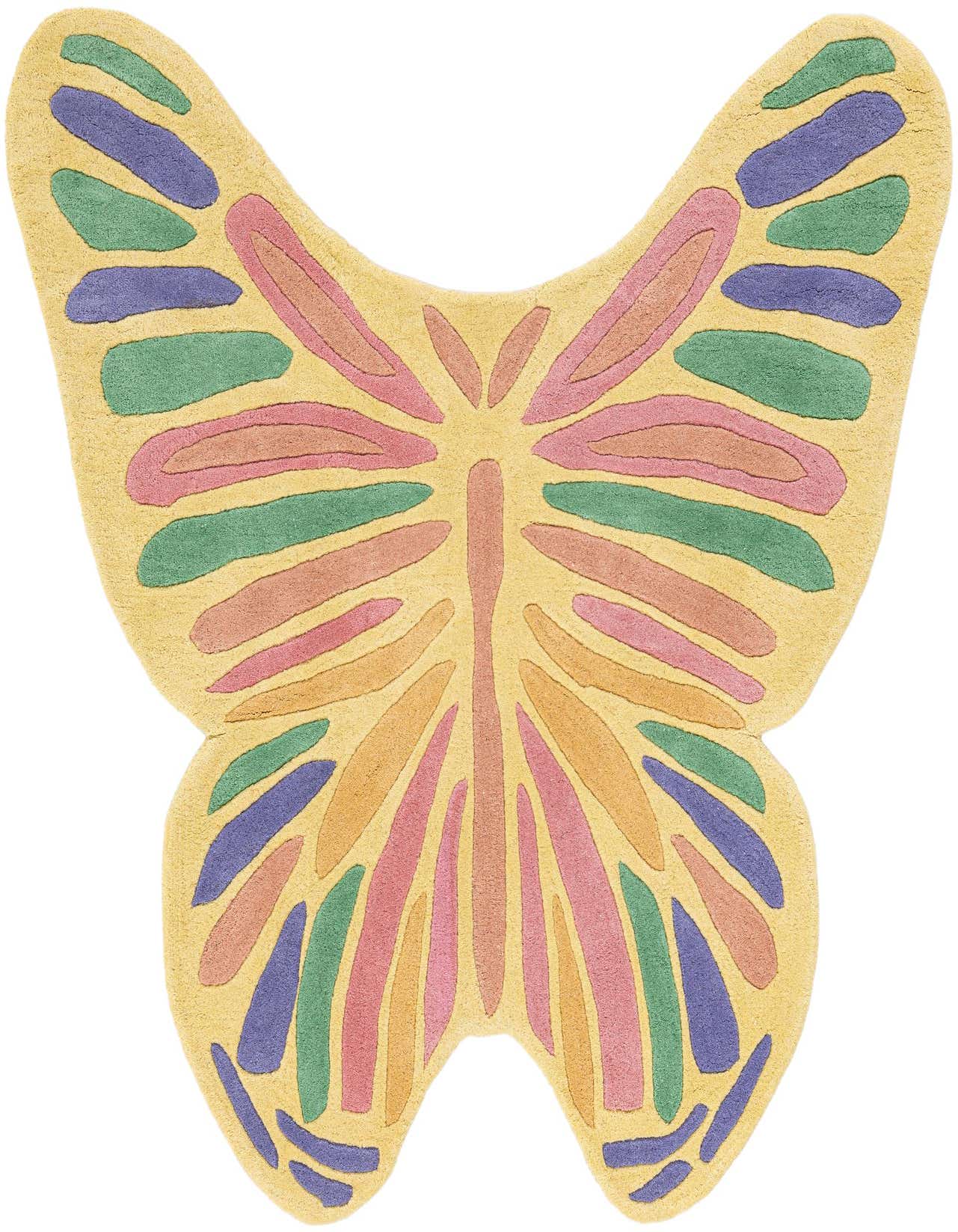 A vibrant, multi-colored butterfly-shaped rug with a yellow base and wings featuring pink, orange, green, and purple segments.