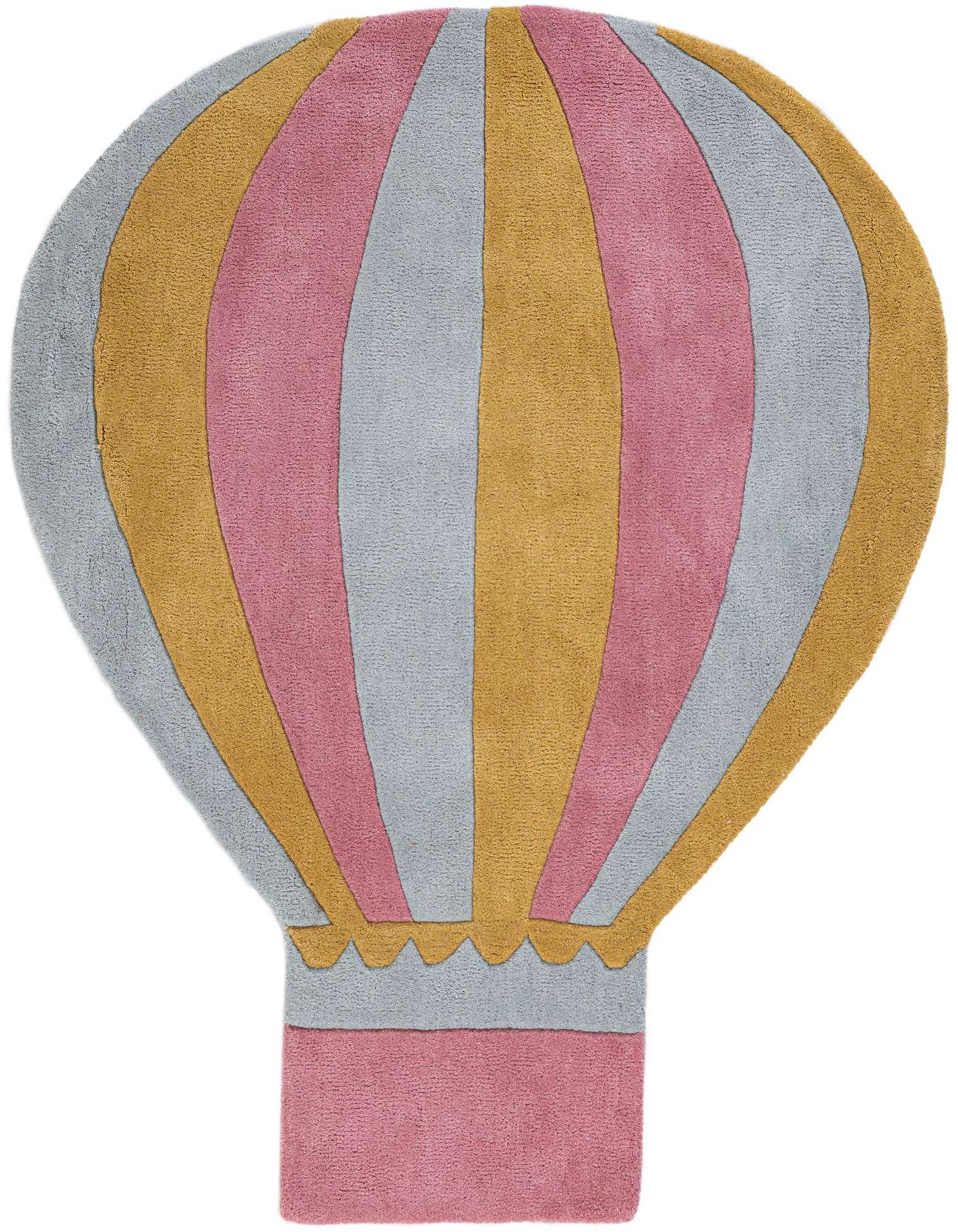 A whimsical 4' 1 x 4' 5 freeform rug shaped like a hot air balloon with pink, light blue, and gold vertical stripes.
