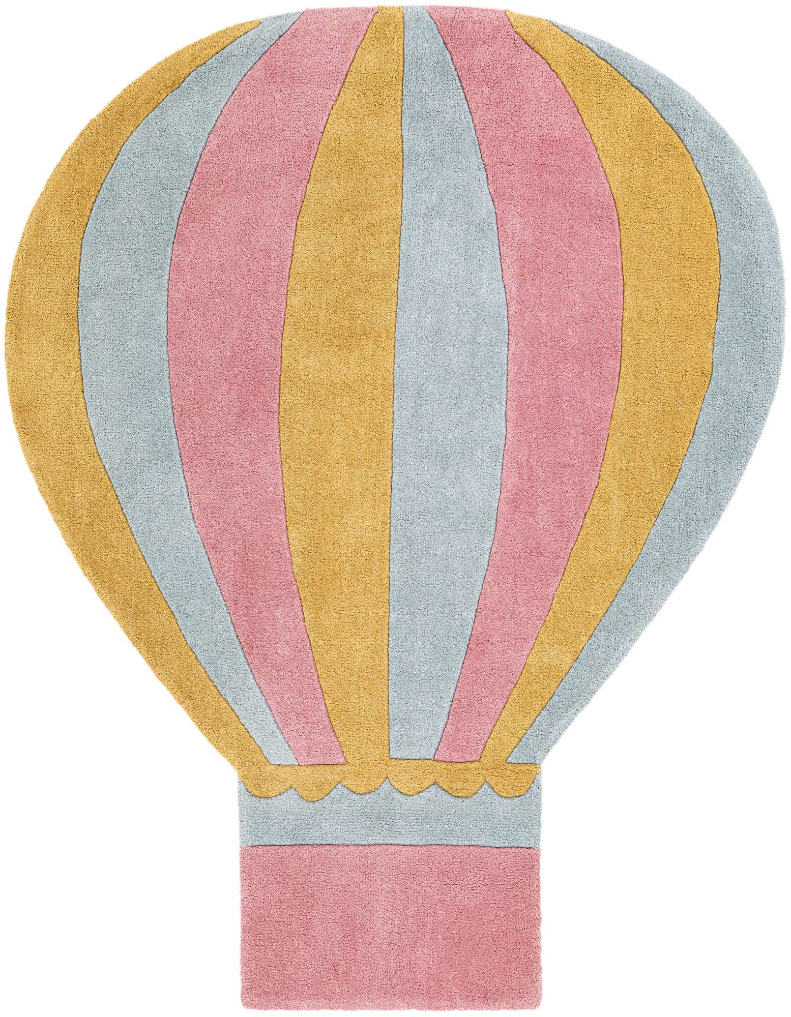 A whimsical 5' 1 x 5' 5 freeform rug shaped like a hot air balloon, featuring vertical stripes in soft pink, blue, and yellow.