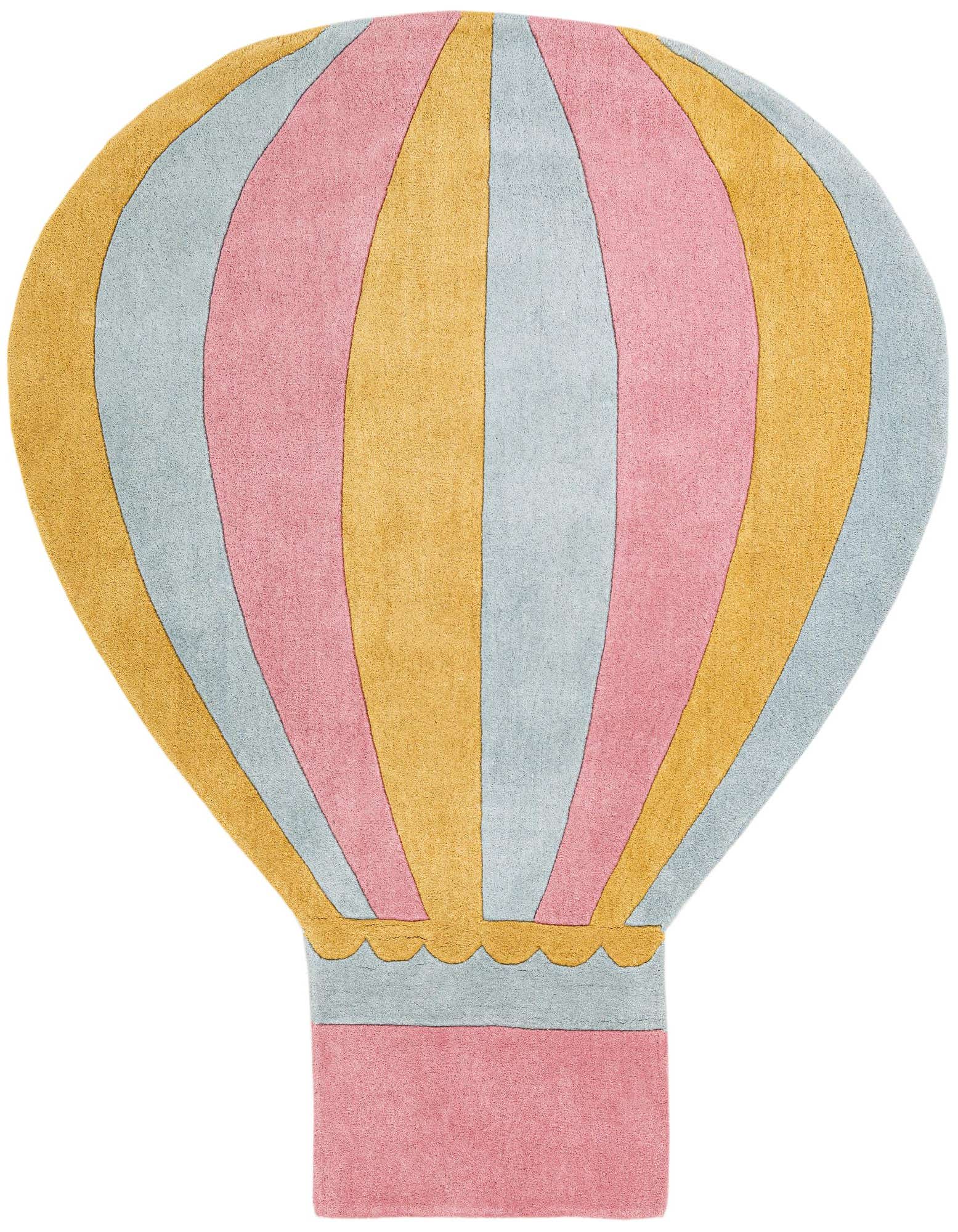 A multi-colored hot air balloon shaped rug with pink, light blue, and gold vertical stripes, featuring a pink basket base.