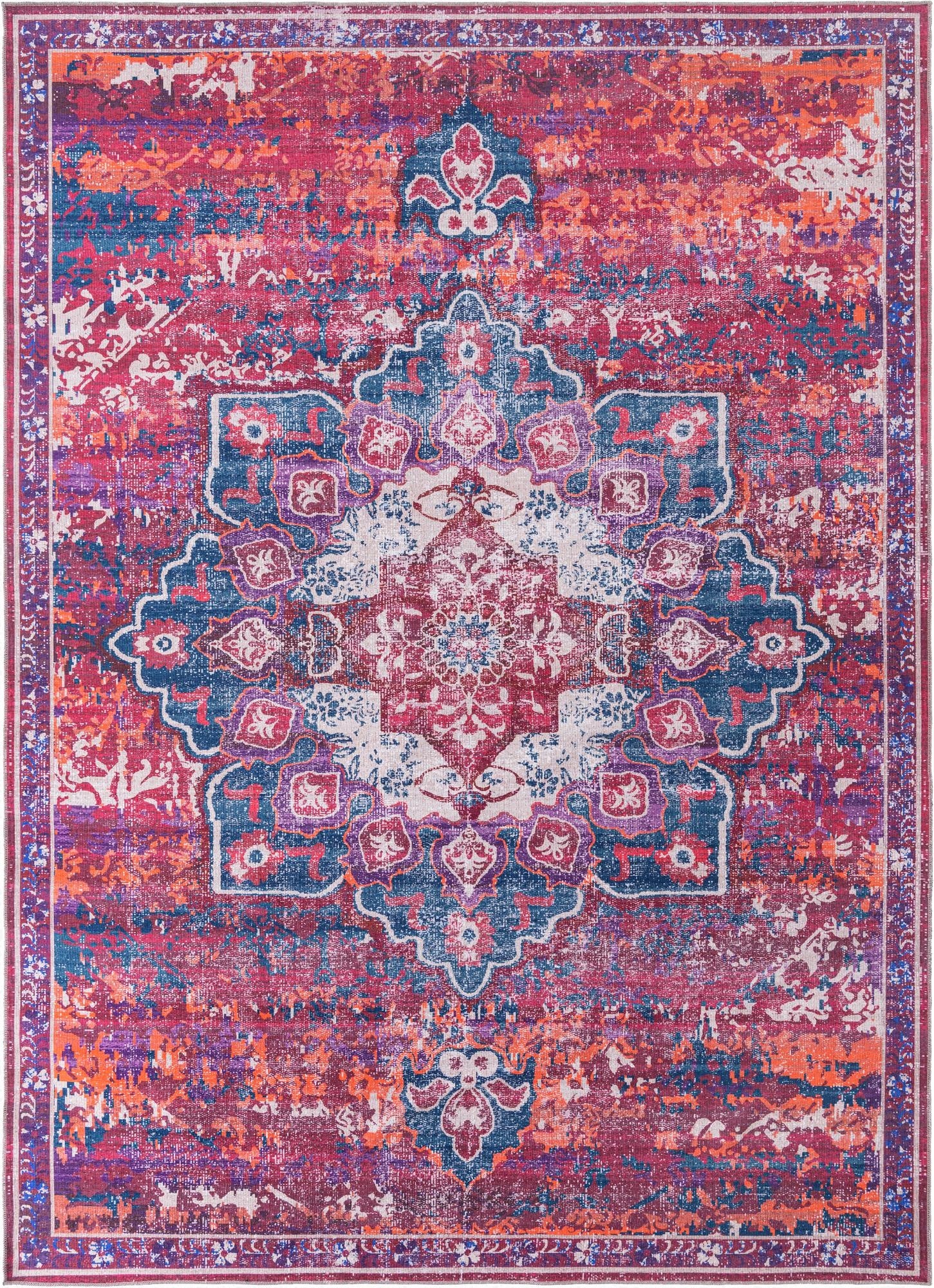 A 10x14 rectangular multi-colored rug with a distressed traditional medallion pattern in shades of red, blue, purple, and orange.