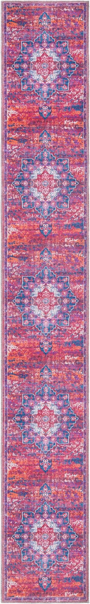 A vibrant 13 ft runner rug with a multi-colored traditional medallion pattern in shades of fuchsia, orange, and blue, ideal for a hallway.