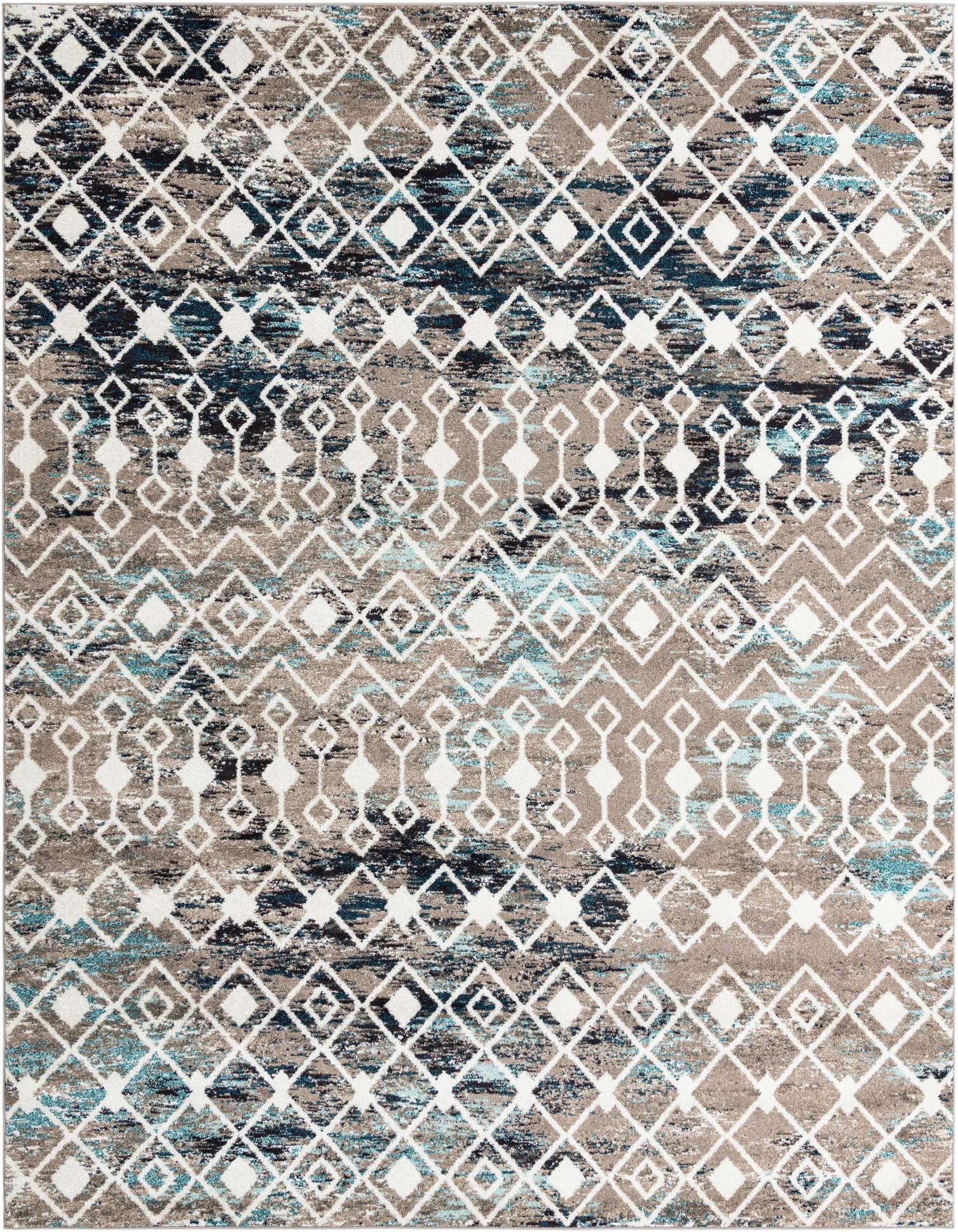 A 10x13 rectangular Moroccan Trellis rug featuring a distressed bohemian pattern in blues, grays, and white.