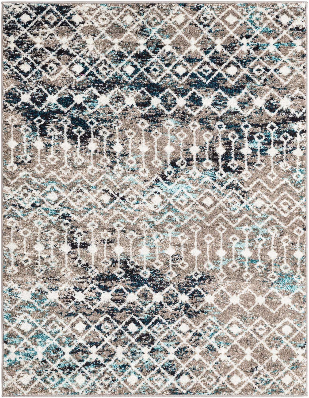 A 4x6 rectangular indoor rug featuring a distressed bohemian trellis pattern in shades of blue, gray, and white.