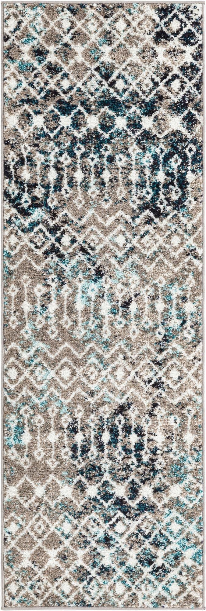 A 6 ft runner rug with a distressed blue, gray, and white Moroccan trellis pattern, ideal for hallways.