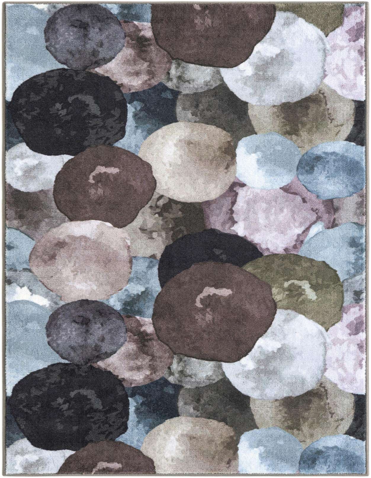 A 3x5 rectangular rug featuring an abstract pattern of multi-colored, irregular circular shapes in shades of gray, brown, blue, and green.