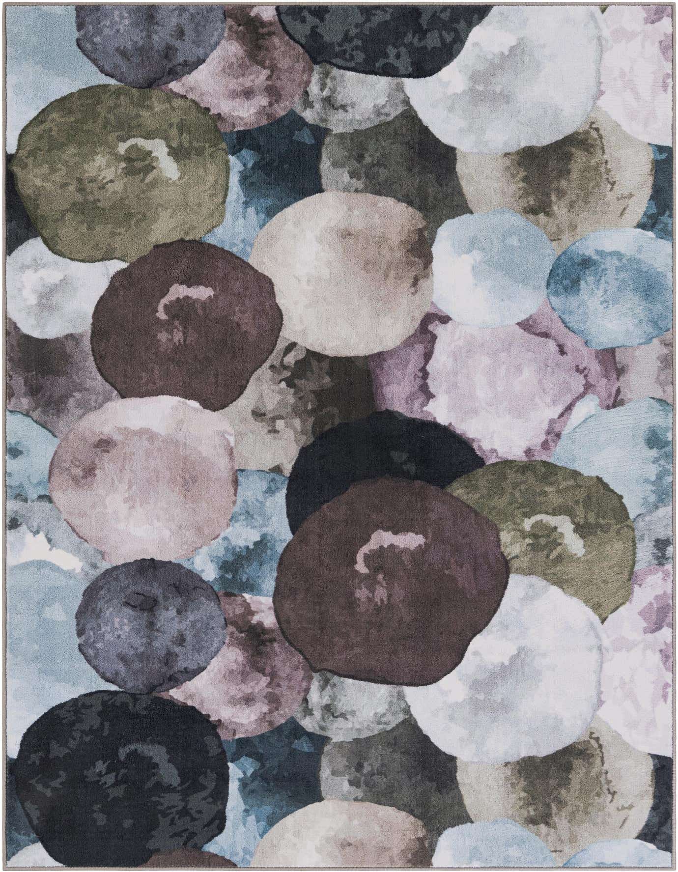 A 4x6 rectangular Rugs.com Medina rug featuring an abstract pattern of overlapping multi-gray, blue, green, and brown watercolor-like circles.