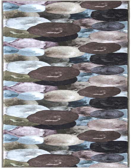 A 10 ft runner rug featuring an abstract pattern of large, overlapping multi-gray, brown, blue, and purple watercolor-like circles, ideal for a hallway.