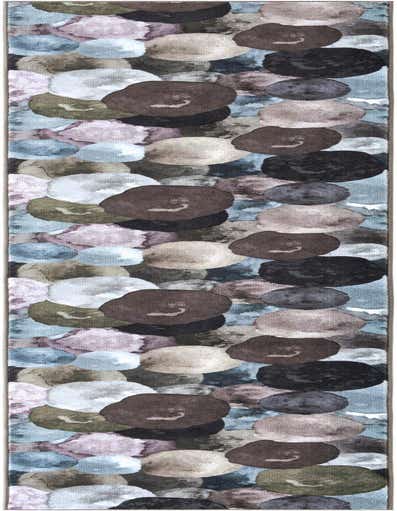 A 13 ft runner rug with an abstract multi-gray watercolor pebble pattern, featuring shades of brown, blue, green, and pink.