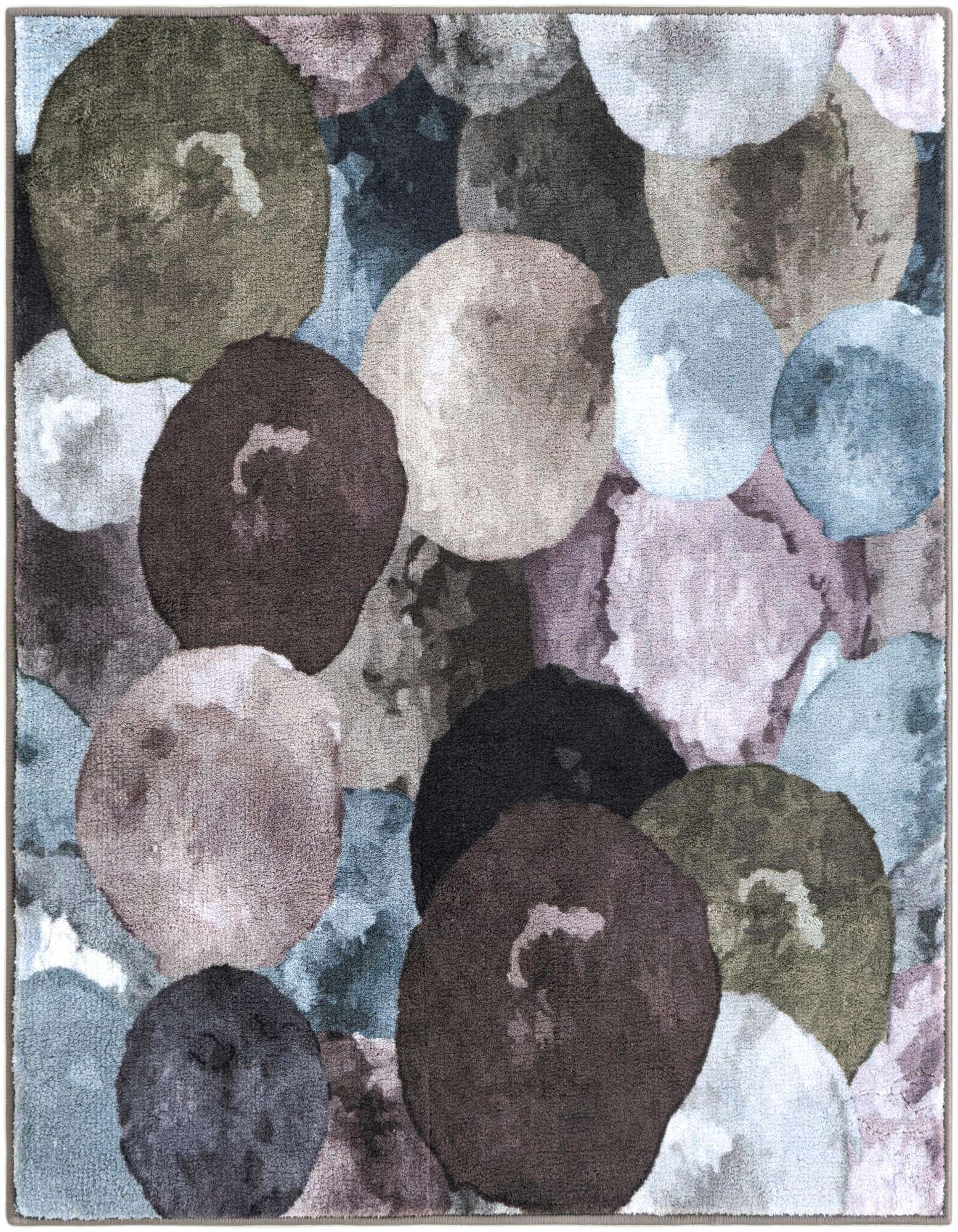 A square multi-gray rug with an abstract pattern of overlapping, watercolor-like circles in shades of brown, blue, and purple.