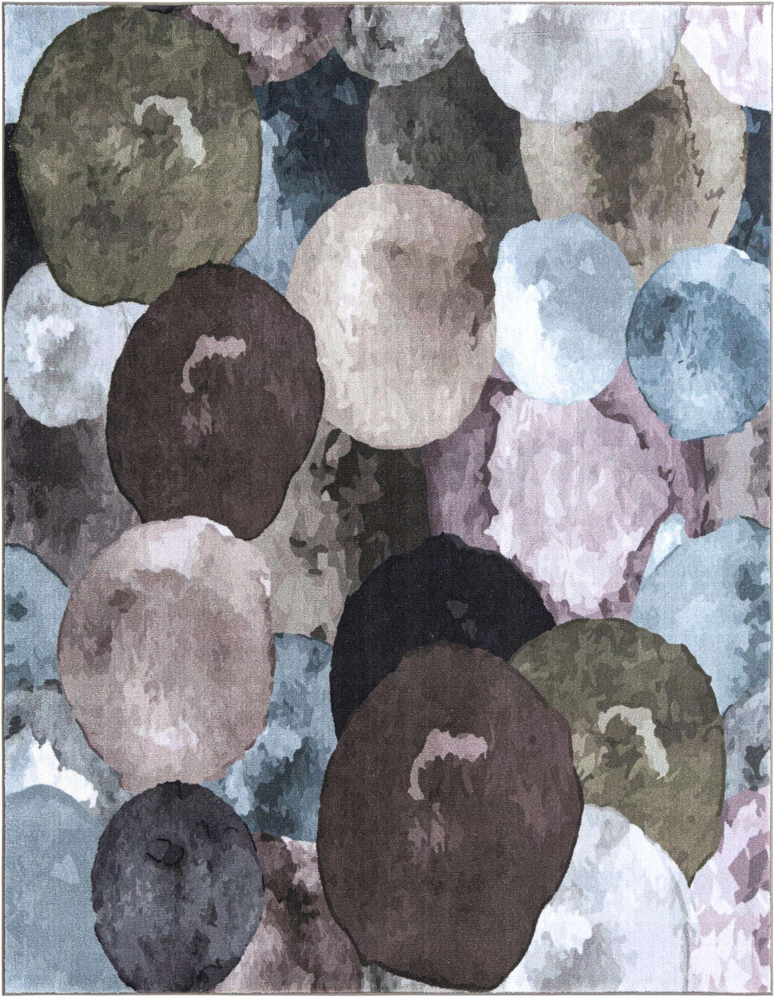 A square multi-gray area rug featuring an abstract pattern of overlapping, watercolor-like circles in various shades of gray, brown, blue, and hints of purple.