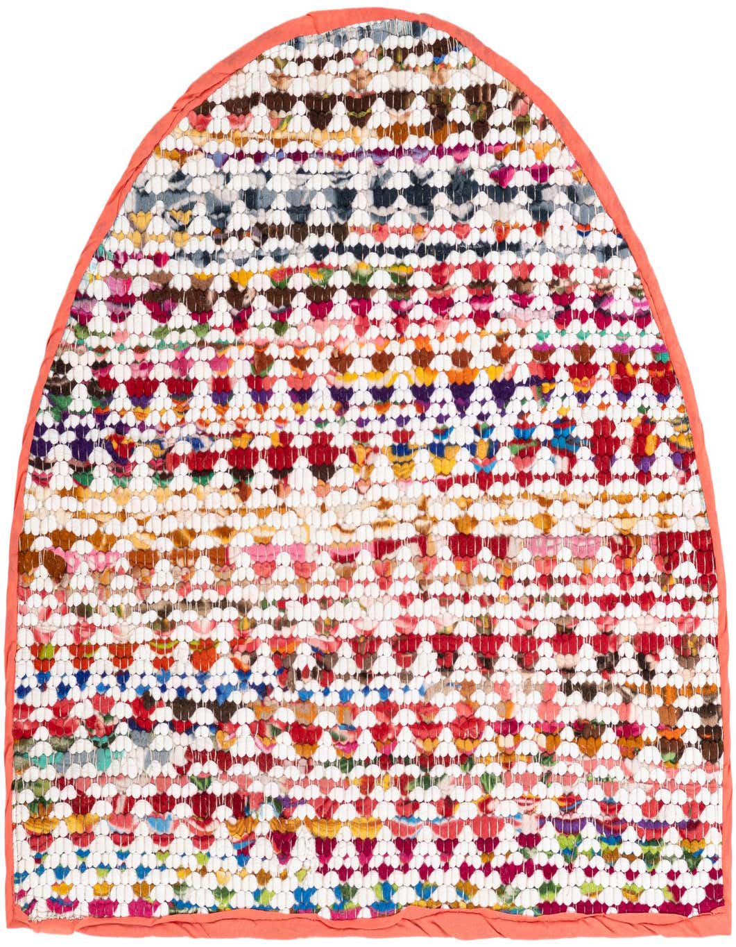 A 2' 2 x 3' 7 hearth-shaped rug with a vibrant multi-colored abstract pattern and a coral border, ideal for indoor spaces.